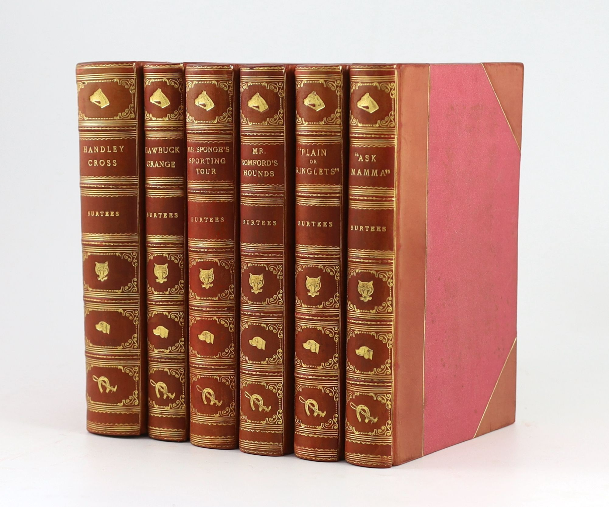 Surtees, Robert Smith - [Sporting Novels], illustrated by John Leech, 6 vols: Ask Mamma; Mr Sponge’s Sporting Tour; Mr Romford’s Hounds; ‘’Plain or Ringlets?’’; Hawbuck Grange and Handley Cross, 8vo, uniform half red mor